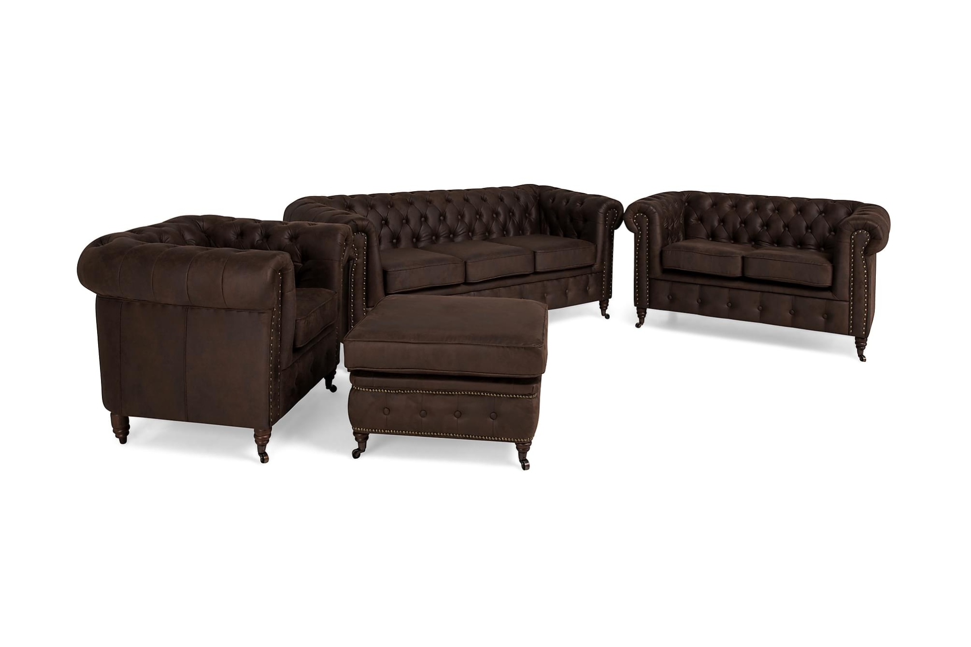 Chesterfield Deluxe Sofagruppe (3+ 2 Pers. Sofa, Lænestole Og Puf), Mørkebrun