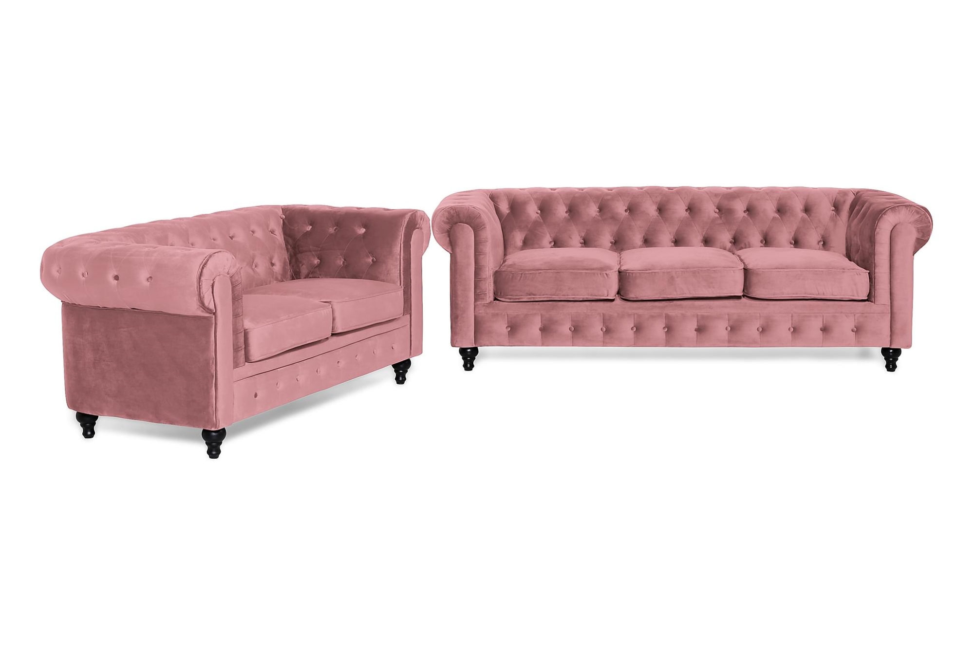 Chesterfield Lyx Sofagruppe (3 Pers. + 2 Pers. Sofa), Rosa Velour